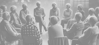 Eine Gruppe von Männern und Frauen sitzen in einem Stuhlkreis